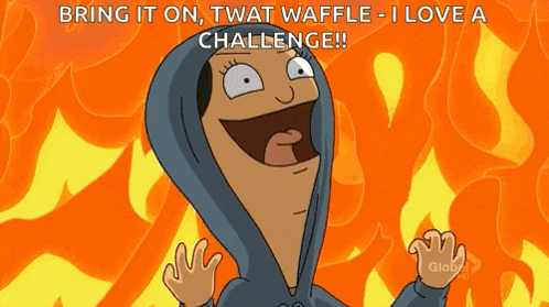 a cartoon character from bob 's burgers is laughing in front of flames .