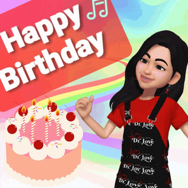 a girl in overalls stands in front of a birthday cake that says happy birthday