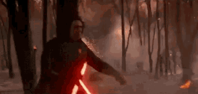 a person is holding a red light saber in a forest .