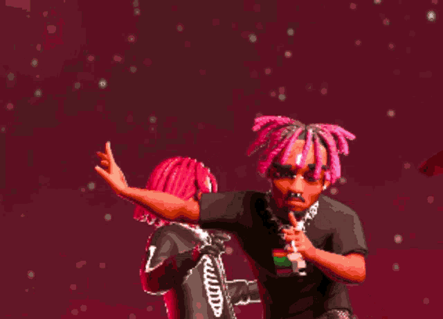 a pixel art of a person with pink hair and a cross on their face