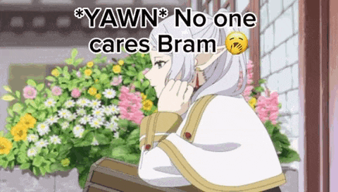 a cartoon of a woman sitting in front of flowers with the words yawn no one cares bram