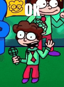 a cartoon of a boy holding a microphone with the word ok on it .