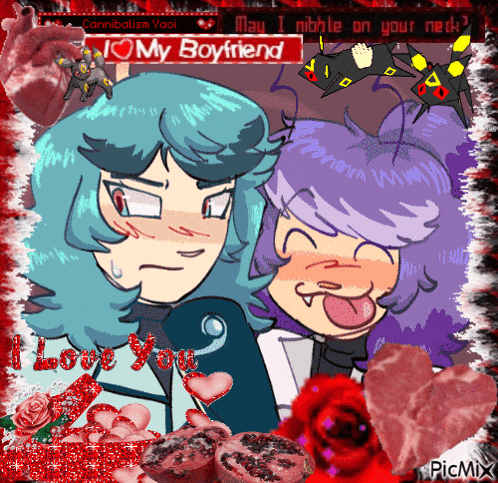 a picture of two anime characters with the words " may i nibble on your neck " on the bottom