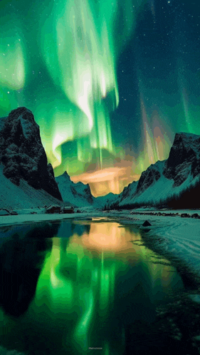 the aurora borealis is reflected in a lake surrounded by snow covered mountains