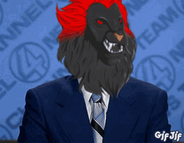 a man in a suit and tie has a lion 's head on his head