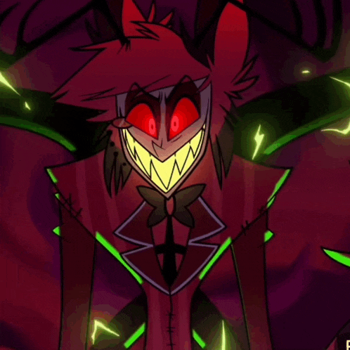 a close up of a cartoon character with red eyes