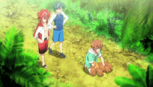 a group of anime characters are standing in a forest