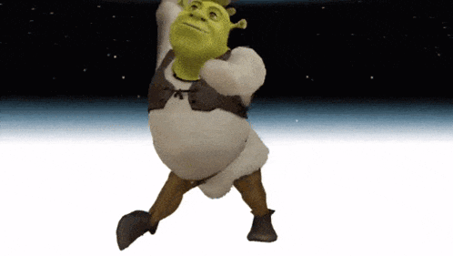 shrek from the movie shrek is dancing with his hands in the air