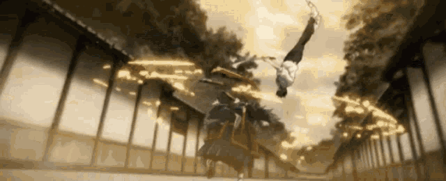 a man is doing a handstand in front of a building in a cartoon .