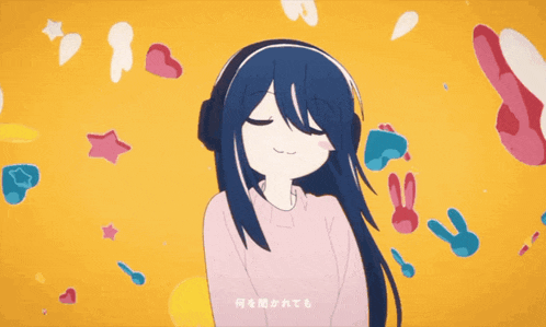 a girl with long black hair is surrounded by hearts and rabbits
