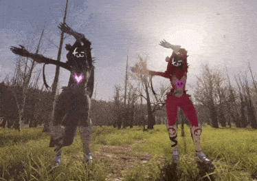a couple of people standing in a field with their arms outstretched and one has the number 3 on their face