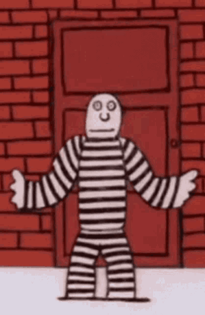 a cartoon of a man in a striped prison uniform standing in front of a red door