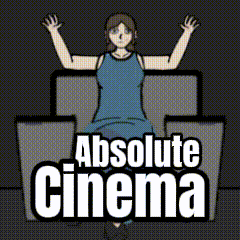 a woman in a blue dress is sitting in a chair with her arms outstretched under the words absolute cinema