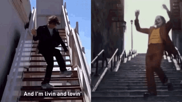 a man in a suit is walking up stairs next to a joker