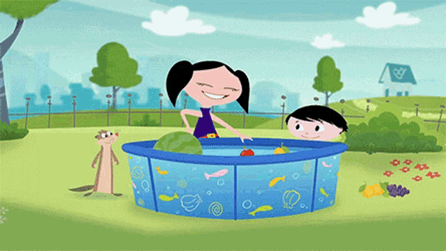 a cartoon of a girl and a boy playing in a pool