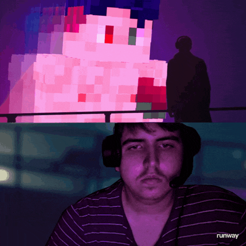 a man wearing headphones and a purple shirt with the word runway on the bottom