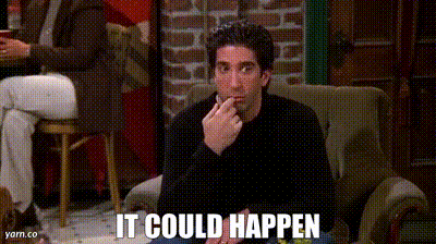 a man is sitting in a chair with his finger in his mouth and the words `` it could happen '' written on the bottom .