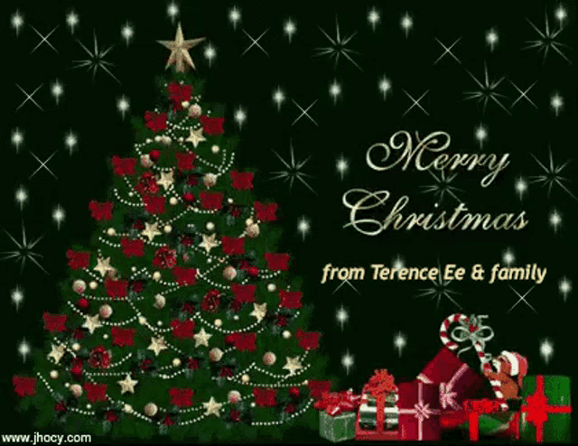 merry christmas from terence ee & family with a christmas tree and presents