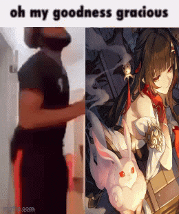 a man is standing next to a picture of a girl and a rabbit with the caption " oh my goodness gracious "