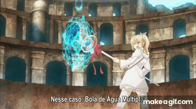 a girl in a white dress is holding a magic wand and says " nesse caso bola de agua multiple "