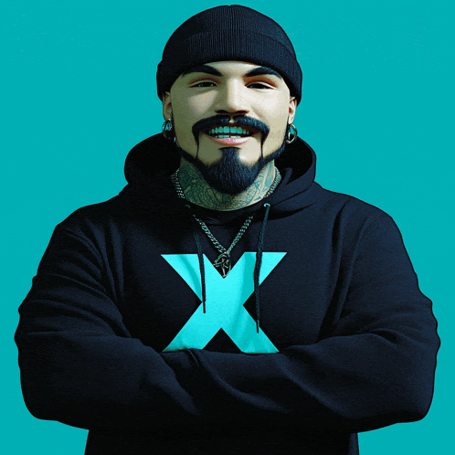 a man with a beard wearing a black hoodie with an x on it