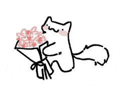 a drawing of a cat holding a bouquet of pink flowers .
