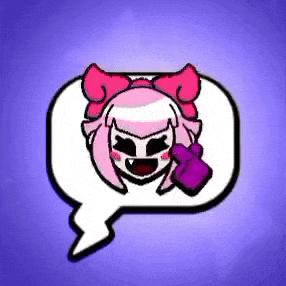 a cartoon girl with a pink bow is in a speech bubble on a purple background .