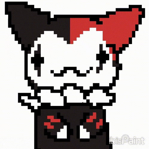 a pixel art of a black and white cat with a red hat