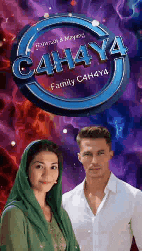 a man and a woman are standing in front of a sign that says c4h4y4