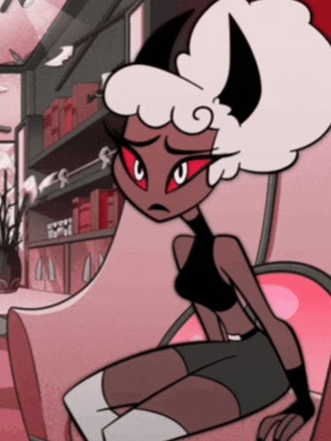 a cartoon character is sitting in a chair with a bookshelf behind her
