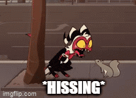 a cartoon character is standing next to a squirrel and the word hissing is on the bottom