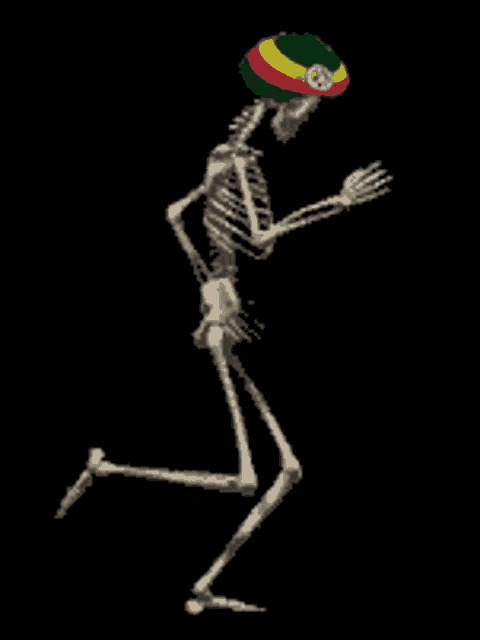 a skeleton is wearing a rasta hat and walking