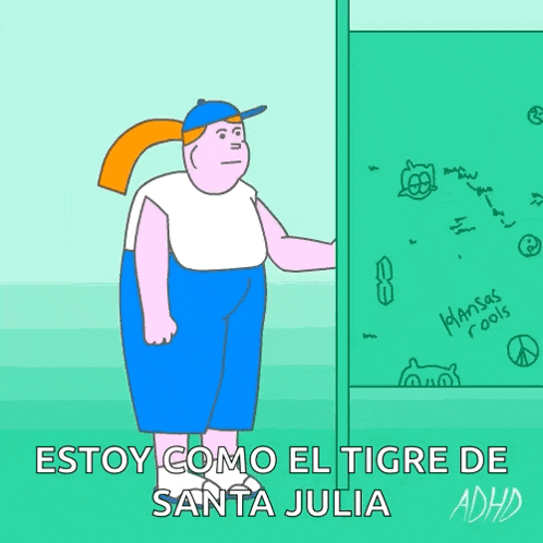 a cartoon of a woman standing in front of an aquarium with the words estoy como el tigre de santa julia below her