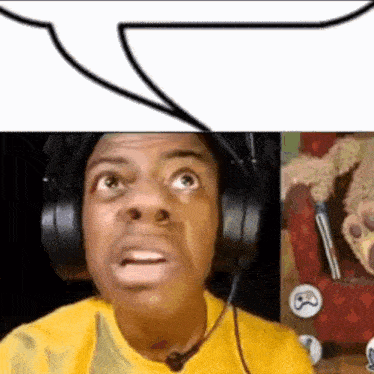 a man wearing headphones and a yellow shirt is making a face .