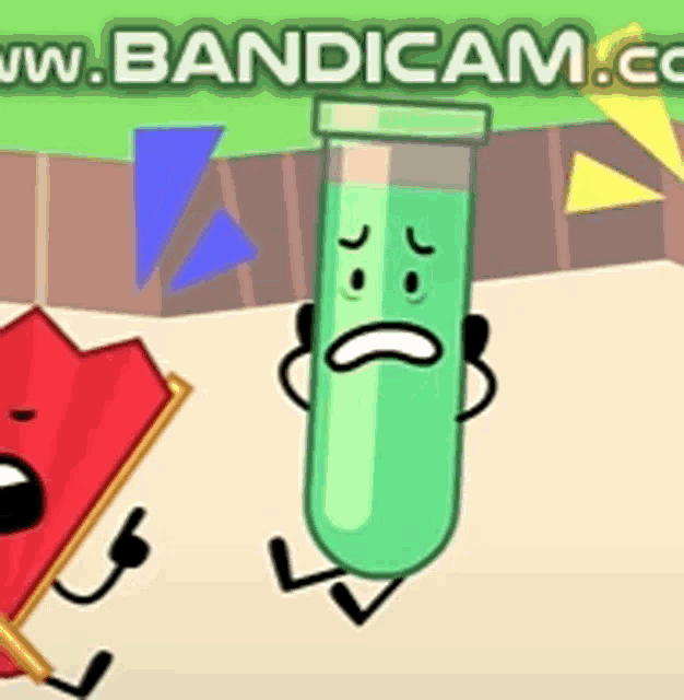 a green test tube with a sad face is standing next to a red heart .
