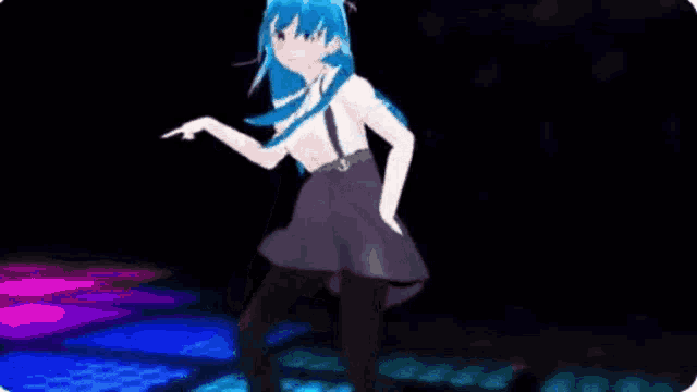 a cartoon character with blue hair is dancing on a dance floor