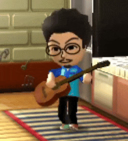 a cartoon character is holding a guitar in a room
