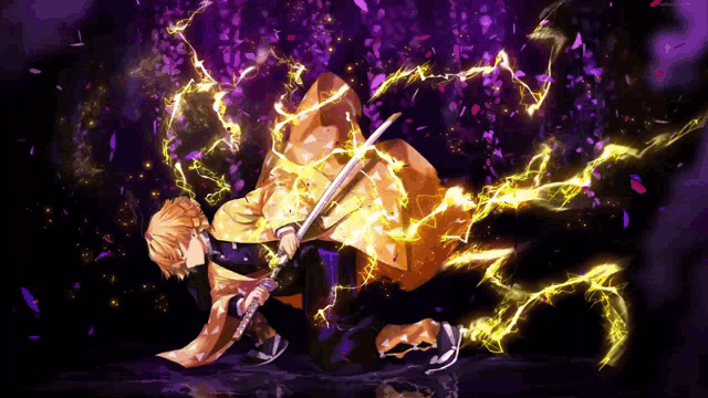 a man with a sword is surrounded by purple lightning
