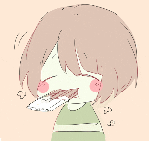 a drawing of a girl with brown hair eating a chocolate bar