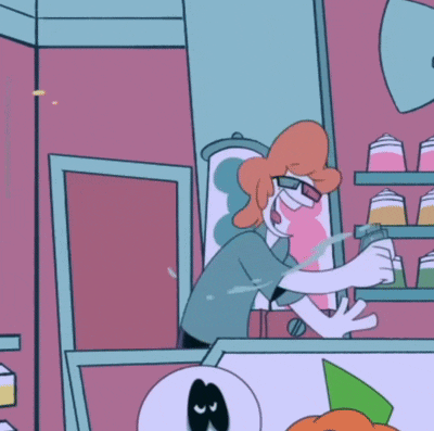 a cartoon character wearing sunglasses is standing in front of a shelf