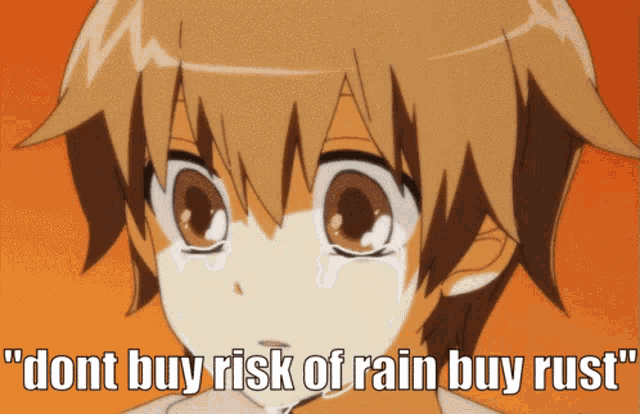 a picture of a boy with the words " dont buy risk of rain buy rust " on it