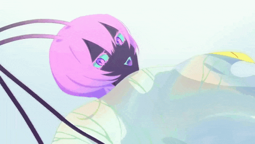 a drawing of a girl with pink hair and a triangle on her face