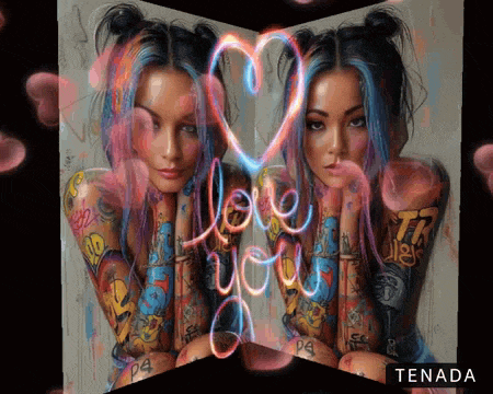 a painting of a woman with tattoos and the words love you on the bottom