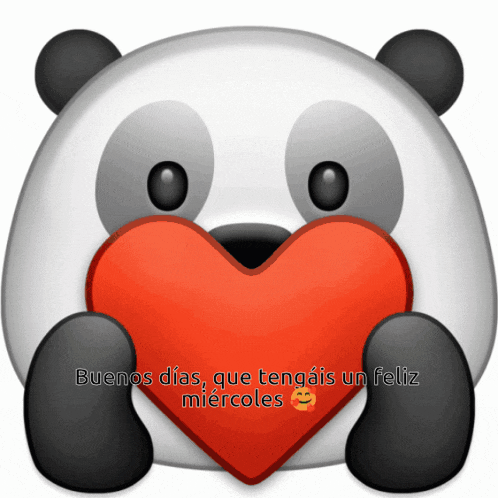 a panda bear holding a red heart with the words buenos dias que tengais un feliz miercoles written below it