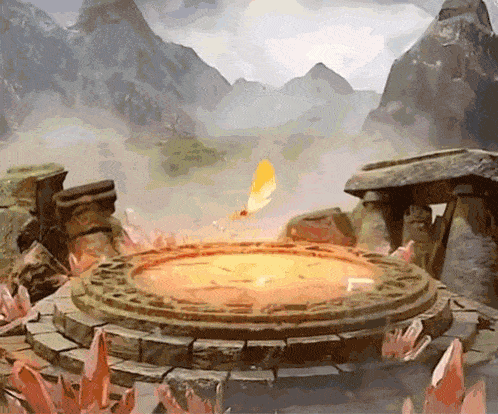 a painting of a stone circle with a fire coming out of it surrounded by crystals
