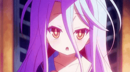 a close up of a anime girl with purple hair and white hair .