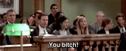 a group of people sitting in a courtroom with the words " you bitch " written on the bottom
