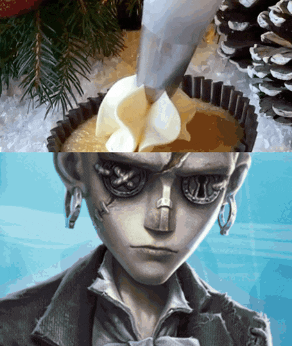 a close up of a person 's face next to a picture of a cupcake