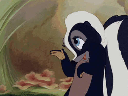 a cartoon skunk with a blue eye