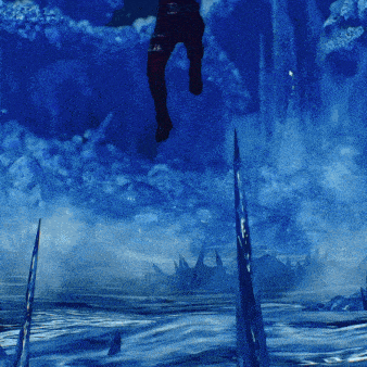 a computer generated image of a person falling into a blue cave